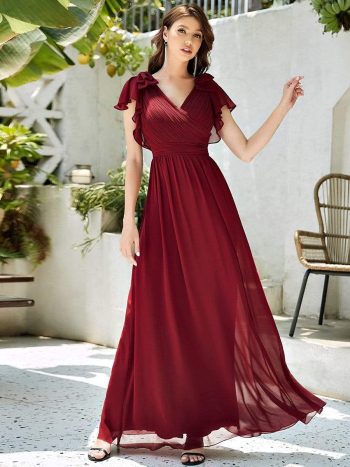 Elegant Pleated Bodice Ruffles Sleeves Chiffon Evening Dress - Burgundy