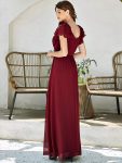 Elegant Pleated Bodice Ruffles Sleeves Chiffon Evening Dress – Burgundy