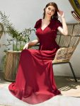 Elegant Pleated Bodice Ruffles Sleeves Chiffon Evening Dress – Burgundy