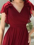 Elegant Pleated Bodice Ruffles Sleeves Chiffon Evening Dress – Burgundy