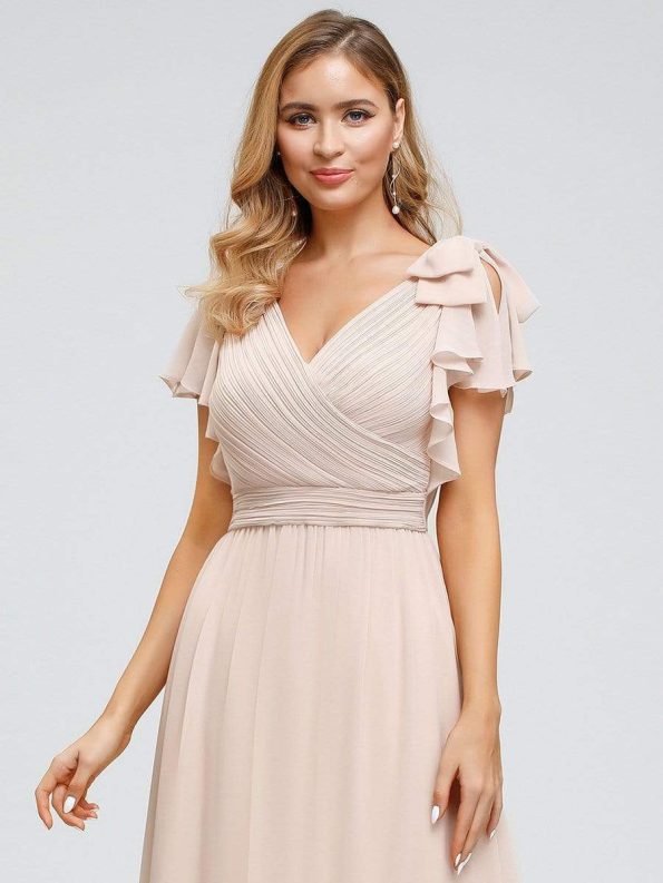 Elegant Pleated Bodice Ruffles Sleeves Chiffon Evening Dress - Blush