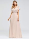 Elegant Pleated Bodice Ruffles Sleeves Chiffon Evening Dress – Blush