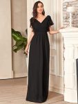 Elegant Pleated Bodice Ruffles Sleeves Chiffon Evening Dress – Black