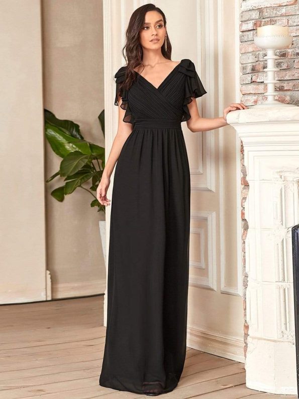 Elegant Pleated Bodice Ruffles Sleeves Chiffon Evening Dress - Black