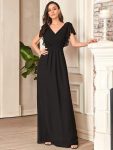 Elegant Pleated Bodice Ruffles Sleeves Chiffon Evening Dress – Black