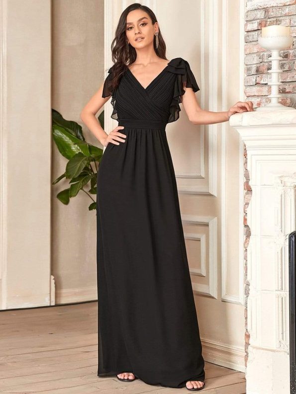 Elegant Pleated Bodice Ruffles Sleeves Chiffon Evening Dress - Black