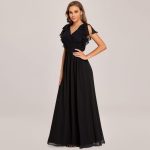 Elegant Pleated Bodice Ruffles Sleeves Chiffon Evening Dress – Black