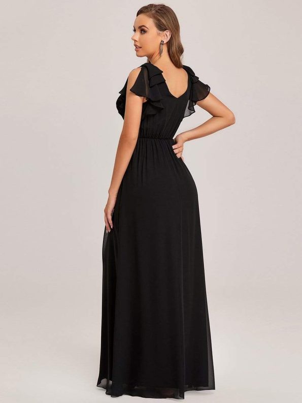 Elegant Pleated Bodice Ruffles Sleeves Chiffon Evening Dress - Black