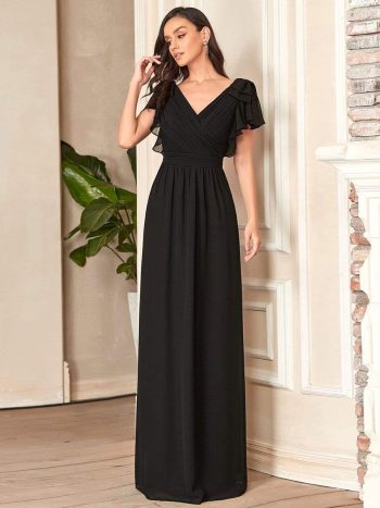 Elegant Pleated Bodice Ruffles Sleeves Chiffon Evening Dress - Black