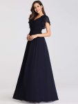 Elegant Pleated Bodice Ruffles Sleeves Chiffon Evening Dress – Navy Blue