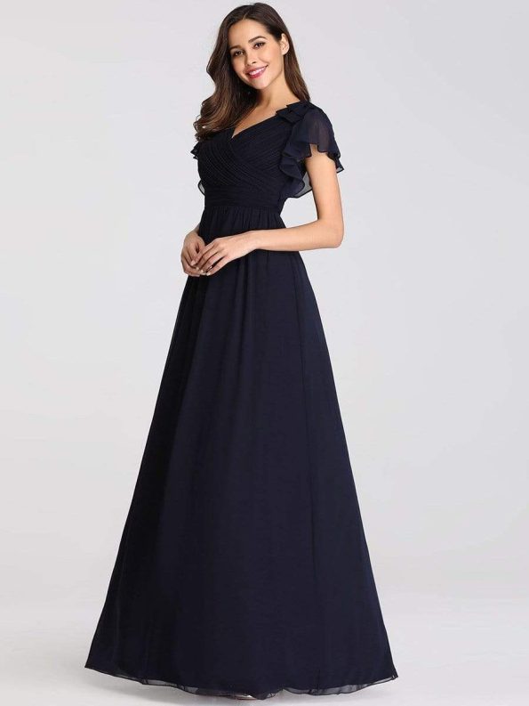 Elegant Pleated Bodice Ruffles Sleeves Chiffon Evening Dress - Navy Blue