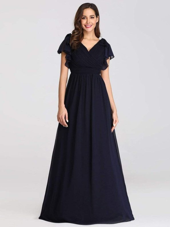 Elegant Pleated Bodice Ruffles Sleeves Chiffon Evening Dress - Navy Blue