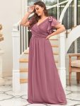 Elegant Pleated Bodice Ruffles Sleeves Chiffon Evening Dress – Purple Orchid