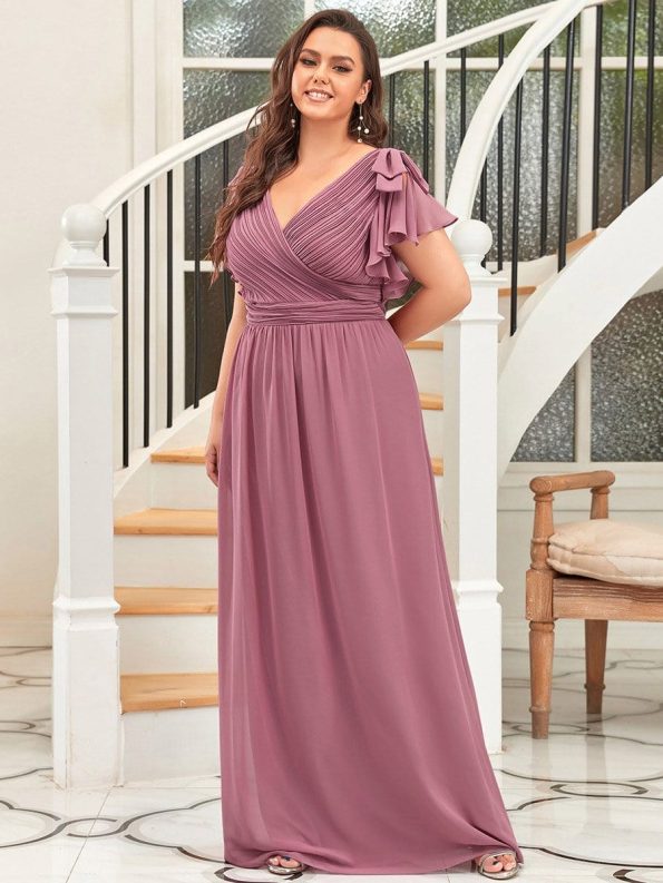 Elegant Pleated Bodice Ruffles Sleeves Chiffon Evening Dress - Purple Orchid