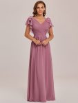 Elegant Pleated Bodice Ruffles Sleeves Chiffon Evening Dress – Purple Orchid