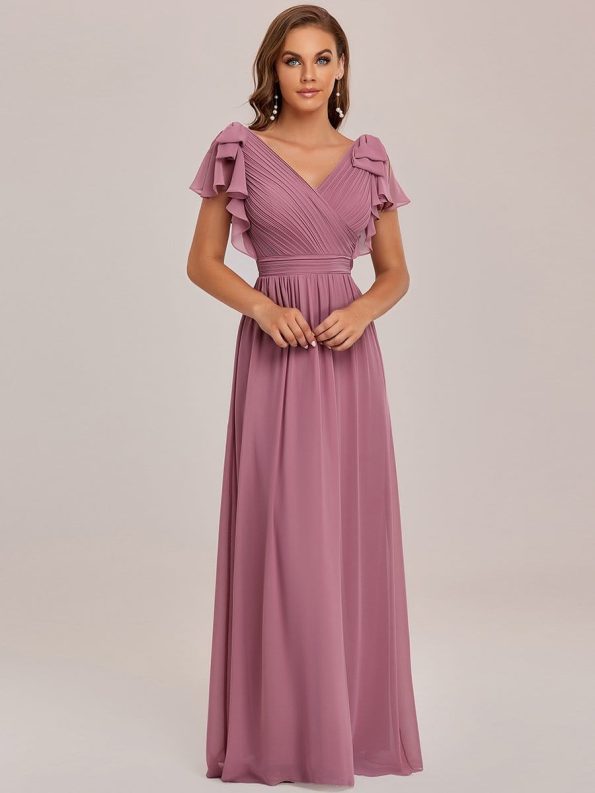 Elegant Pleated Bodice Ruffles Sleeves Chiffon Evening Dress - Purple Orchid