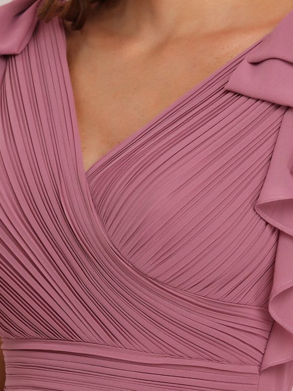 Elegant Pleated Bodice Ruffles Sleeves Chiffon Evening Dress - Purple Orchid