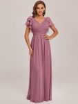 Elegant Pleated Bodice Ruffles Sleeves Chiffon Evening Dress – Purple Orchid