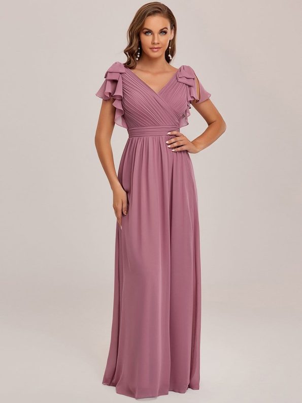 Elegant Pleated Bodice Ruffles Sleeves Chiffon Evening Dress - Purple Orchid