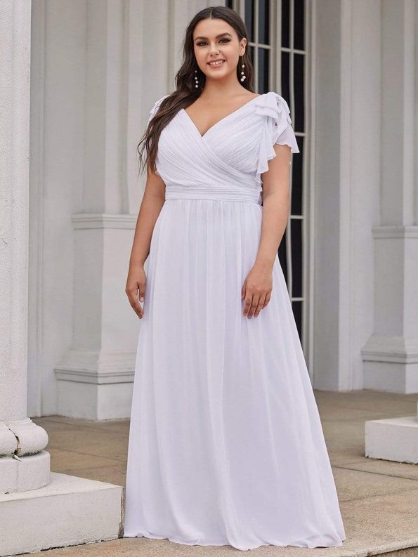 Elegant Pleated Bodice Ruffles Sleeves Chiffon Evening Dress - White