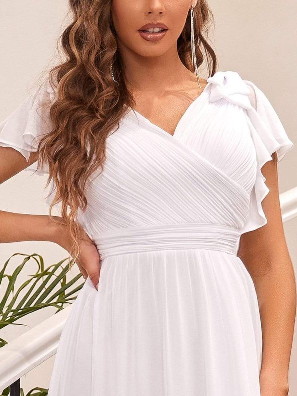 Elegant Pleated Bodice Ruffles Sleeves Chiffon Evening Dress - White