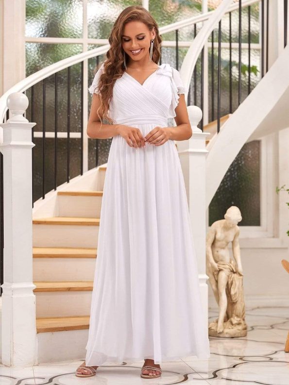 Elegant Pleated Bodice Ruffles Sleeves Chiffon Evening Dress - White