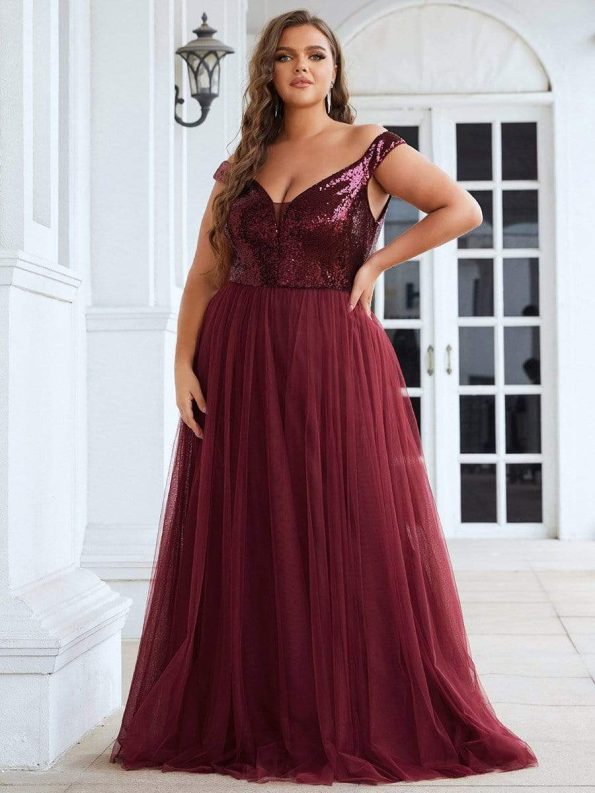 Shiny Sequin Bodice Off the Shoulder Maxi Tulle Evening Dress - Burgundy