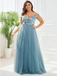 A-line Sequin Off the Shoulder Maxi Tulle Formal Evening Dress – Dusty Blue