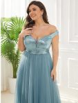 A-line Sequin Off the Shoulder Maxi Tulle Formal Evening Dress – Dusty Blue