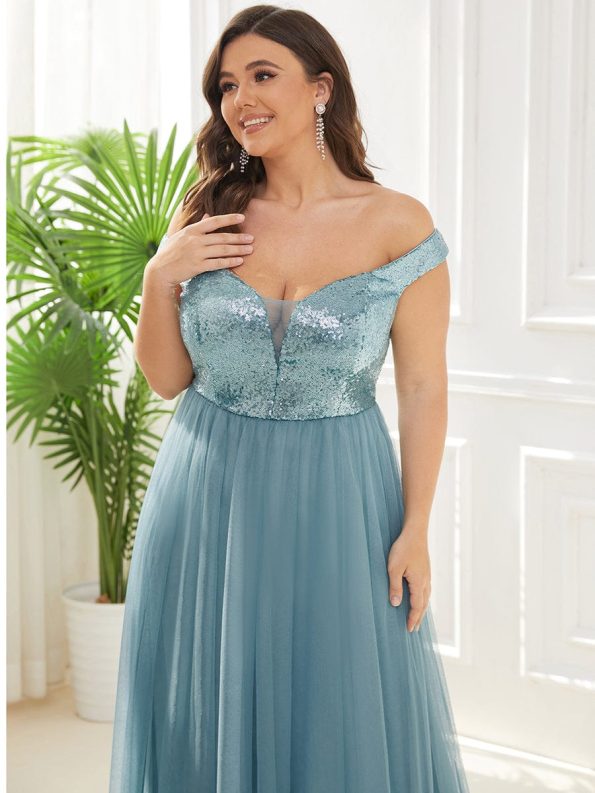 A-line Sequin Off the Shoulder Maxi Tulle Formal Evening Dress - Dusty Blue