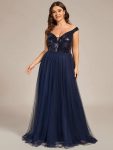 A-line Sequin Off the Shoulder Maxi Tulle Formal Evening Dress – Navy Blue