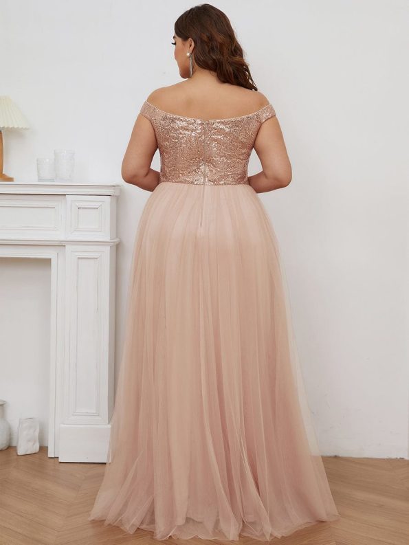 A-line Sequin Off the Shoulder Maxi Tulle Formal Evening Dress - Rose Gold