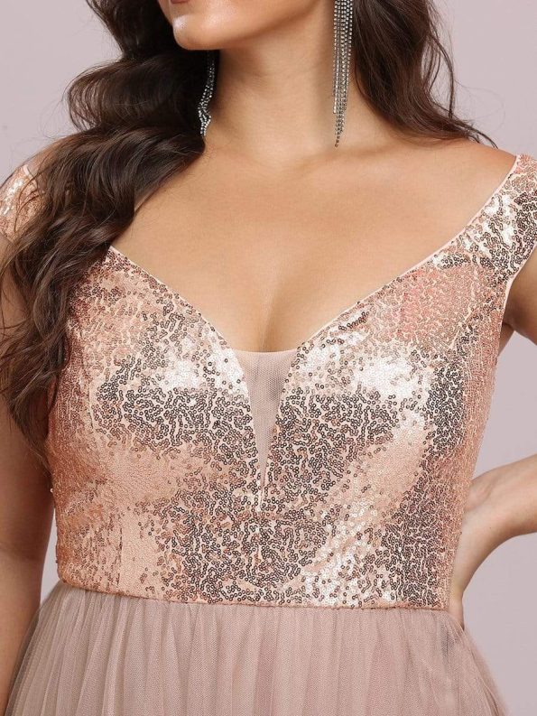 Shiny Sequin Bodice Off the Shoulder Maxi Tulle Evening Dress - Rose Gold