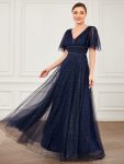 Romantic V Neck Tulle Evening Dress with Ruffle Sleeves – Navy Blue