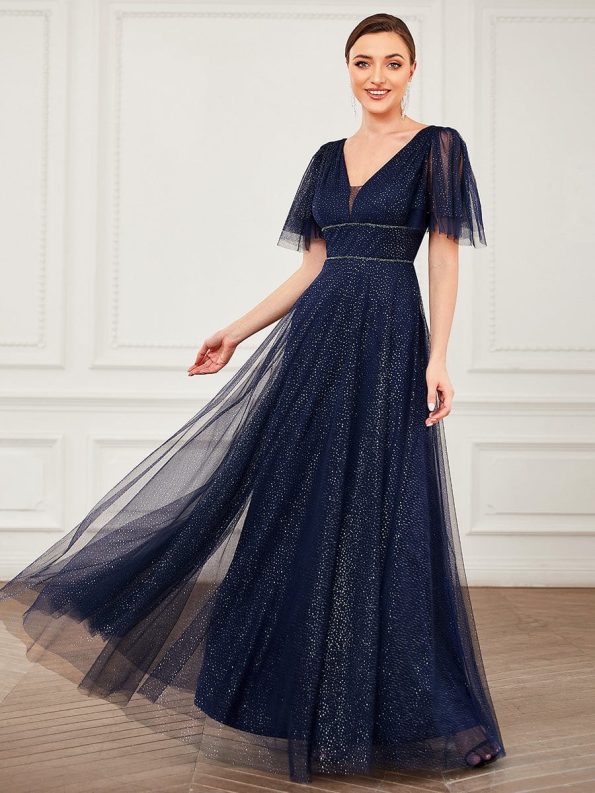 Romantic V Neck Tulle Evening Dress with Ruffle Sleeves - Navy Blue