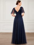 Romantic V Neck Tulle Evening Dress with Ruffle Sleeves – Navy Blue