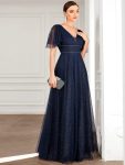 Romantic V Neck Tulle Evening Dress with Ruffle Sleeves – Navy Blue