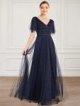 Romantic V Neck Tulle Evening Dress with Ruffle Sleeves - Navy Blue