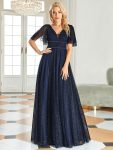 Romantic V Neck Tulle Evening Dress with Ruffle Sleeves – Navy Blue