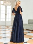 Romantic V Neck Tulle Evening Dress with Ruffle Sleeves – Navy Blue