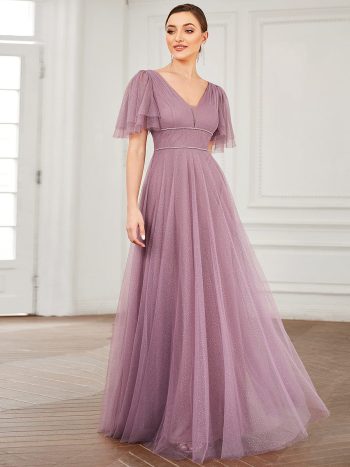 Romantic V Neck Tulle Evening Dress with Ruffle Sleeves - Purple Orchid