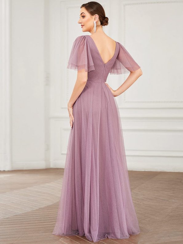 Romantic V Neck Tulle Evening Dress with Ruffle Sleeves - Purple Orchid