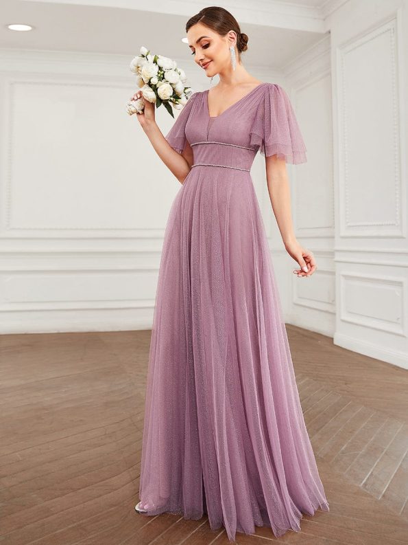 Romantic V Neck Tulle Evening Dress with Ruffle Sleeves - Purple Orchid