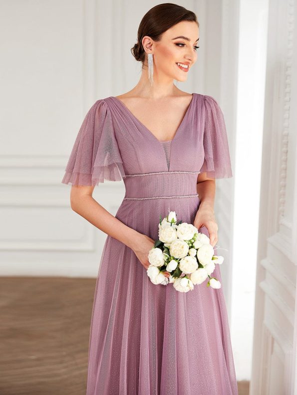 Romantic V Neck Tulle Evening Dress with Ruffle Sleeves - Purple Orchid