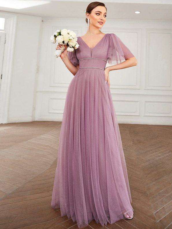 Romantic V Neck Tulle Evening Dress with Ruffle Sleeves - Purple Orchid