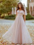 Romantic V Neck Tulle Evening Dress with Ruffle Sleeves – Pink