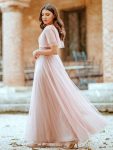 Romantic V Neck Tulle Evening Dress with Ruffle Sleeves – Pink