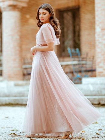 Romantic V Neck Tulle Evening Dress with Ruffle Sleeves - Pink