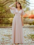 Romantic V Neck Tulle Evening Dress with Ruffle Sleeves – Pink