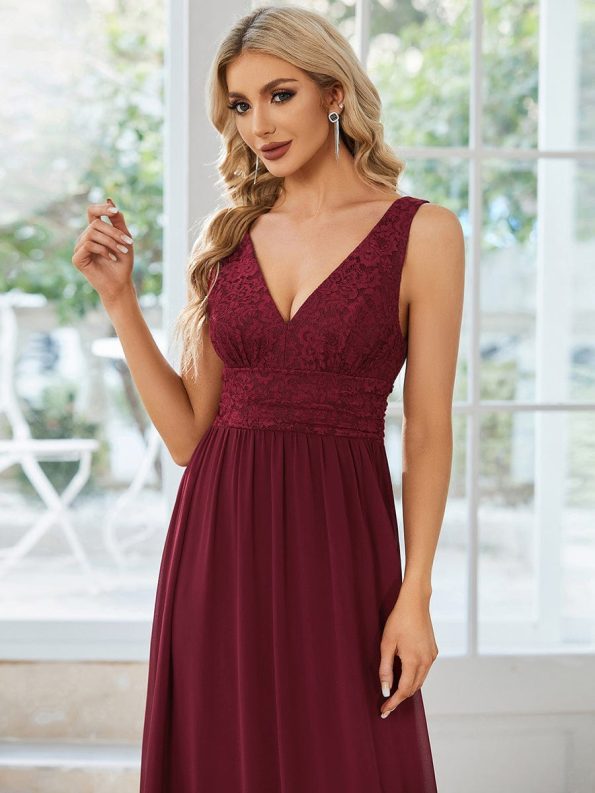 Lace Empire Waist V-Back Sleeveless Chiffon Evening Dress - Burgundy